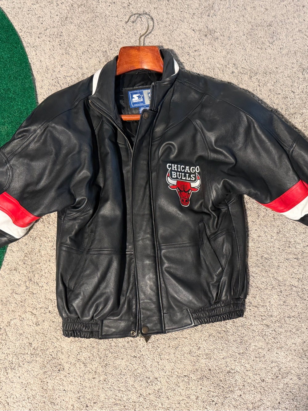 STARTER Black Leather Bomber Jacket with Red & White Sleeve Stripes